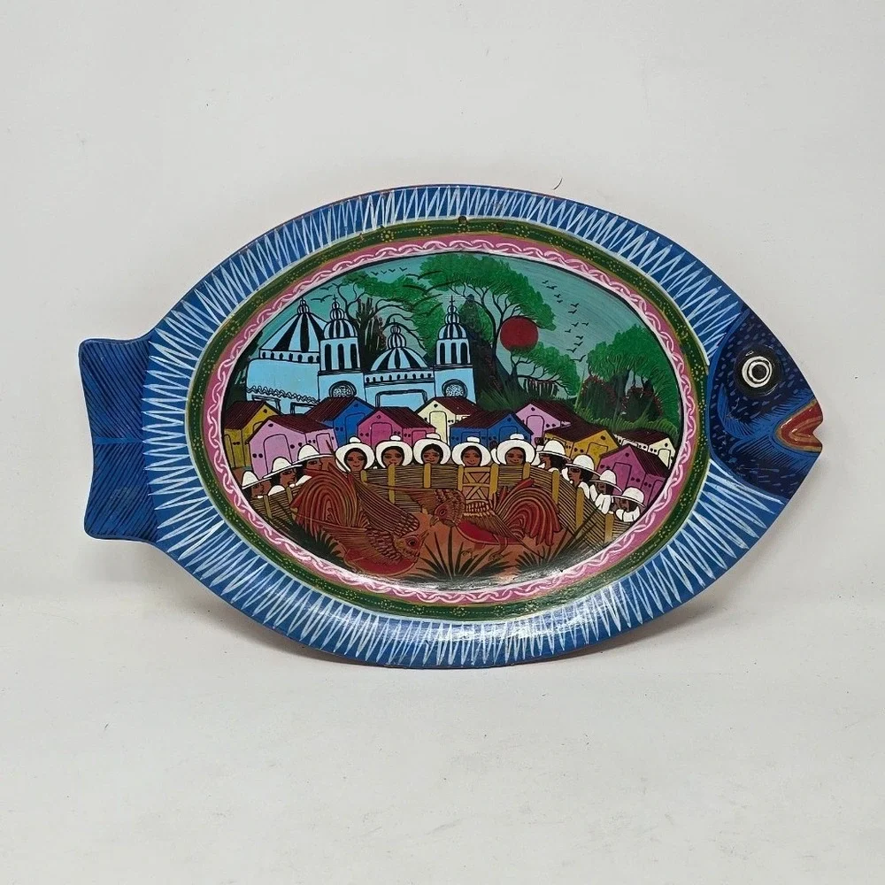 Vtg Mexican storyteller folk art fish terracotta wall art hand painted plate
